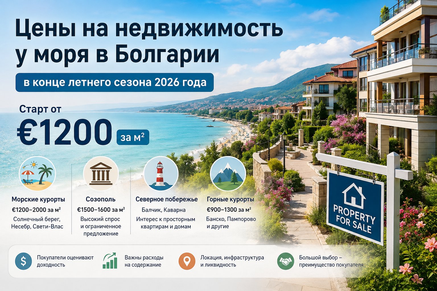Цены на недвижимость у моря в Болгарии в конце летнего сезона 2026 года